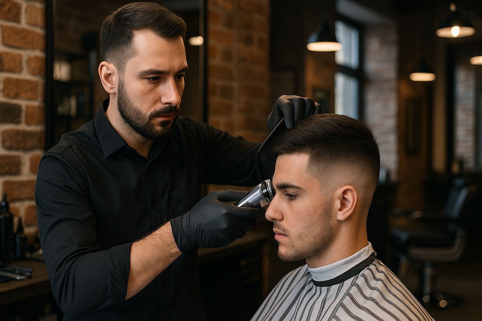 Barber wykonujący strzyżenie fade w Pracowni Fryzjerskiej w Zielonkach