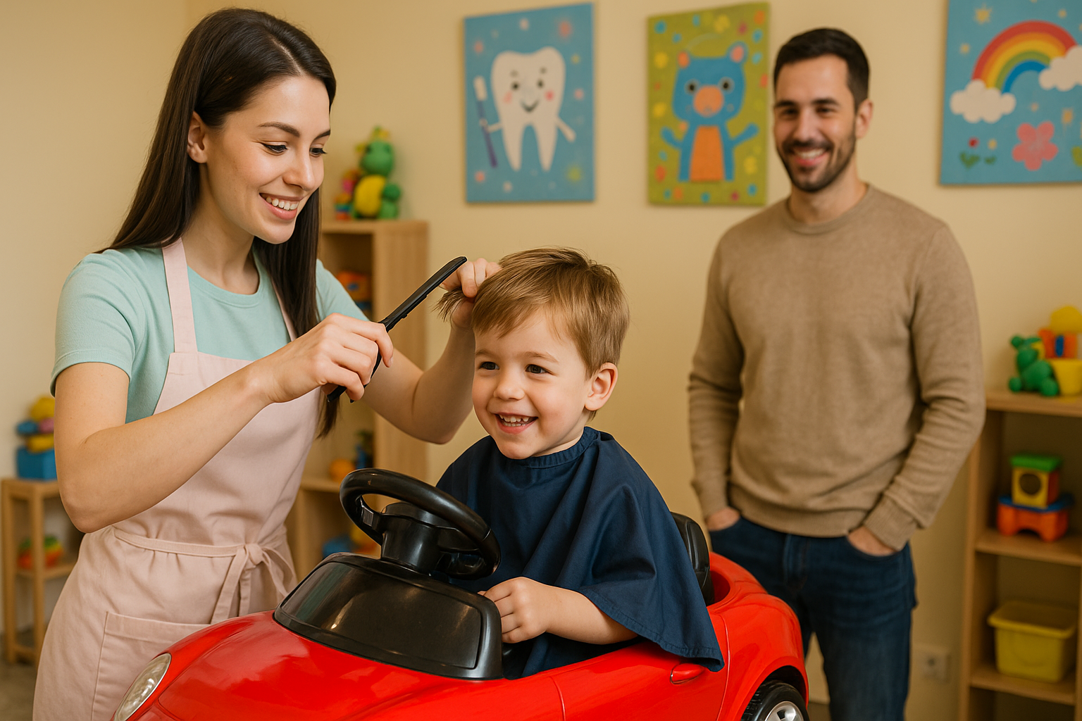 Fryzjerka przycina włosy uśmiechniętemu dziecku w fotelu w kształcie samochodu w salonie w Zielonkach
