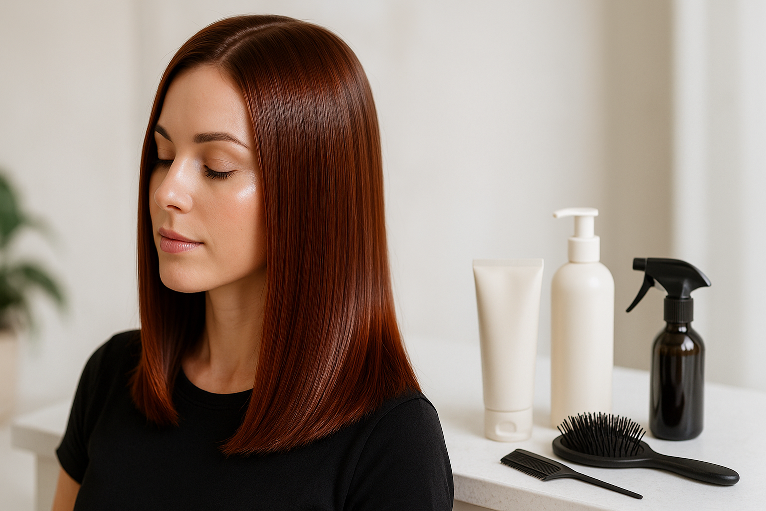 Kobieta pielęgnująca włosy po farbowaniu, aby zachować blask i świeży kolor